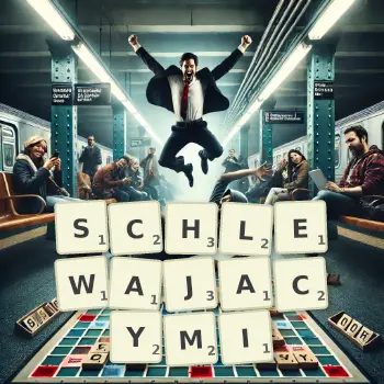 Kreatywna ilustracja do gry w Scrabble ze słowem SCHLEWAJACYMI ułożonym z płytek na planszy.
