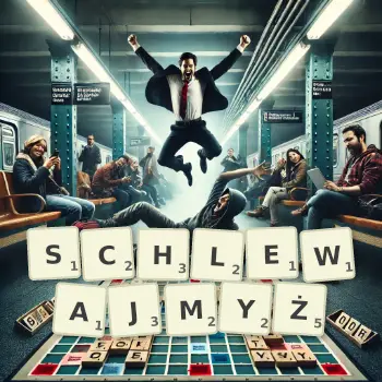Kreatywna ilustracja do gry w Scrabble ze słowem SCHLEWAJMYŻ ułożonym z płytek na planszy.