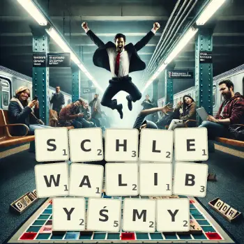 Kreatywna ilustracja do gry w Scrabble ze słowem SCHLEWALIBYŚMY ułożonym z płytek na planszy.