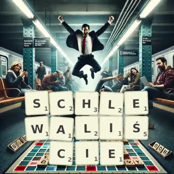 Kreatywna ilustracja do gry w Scrabble ze słowem SCHLEWALIŚCIE ułożonym z płytek na planszy.