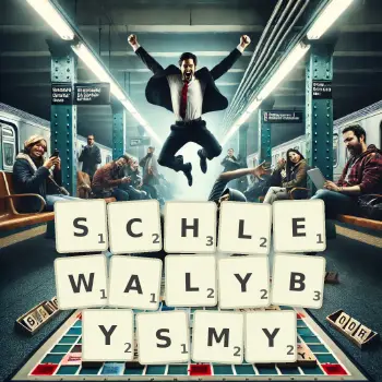 Kreatywna ilustracja do gry w Scrabble ze słowem SCHLEWALYBYSMY ułożonym z płytek na planszy.