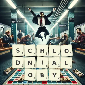 Kreatywna ilustracja do gry w Scrabble ze słowem SCHLODNIALOBY ułożonym z płytek na planszy.