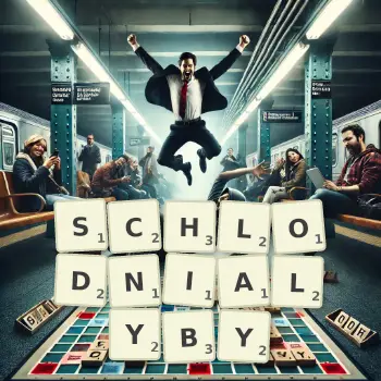 Kreatywna ilustracja do gry w Scrabble ze słowem SCHLODNIALYBY ułożonym z płytek na planszy.