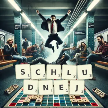 Kreatywna ilustracja do gry w Scrabble ze słowem SCHLUDNEJ ułożonym z płytek na planszy.