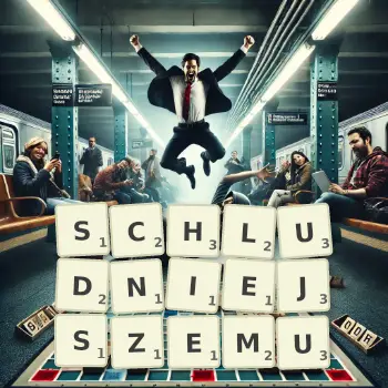Kreatywna ilustracja do gry w Scrabble ze słowem SCHLUDNIEJSZEMU ułożonym z płytek na planszy.