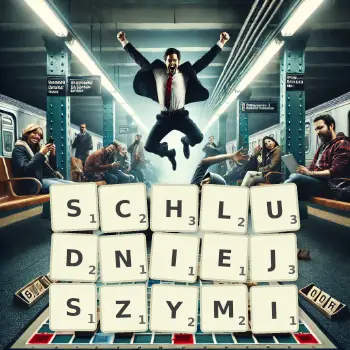 Kreatywna ilustracja do gry w Scrabble ze słowem SCHLUDNIEJSZYMI ułożonym z płytek na planszy.