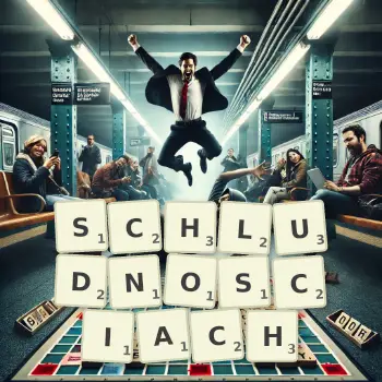 Kreatywna ilustracja do gry w Scrabble ze słowem SCHLUDNOSCIACH ułożonym z płytek na planszy.