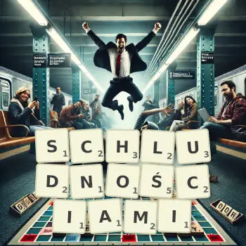 Kreatywna ilustracja do gry w Scrabble ze słowem SCHLUDNOŚCIAMI ułożonym z płytek na planszy.