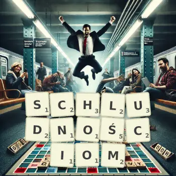 Kreatywna ilustracja do gry w Scrabble ze słowem SCHLUDNOŚCIOM ułożonym z płytek na planszy.