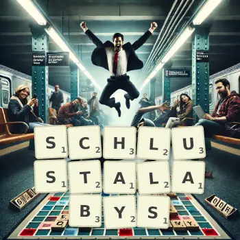 Kreatywna ilustracja do gry w Scrabble ze słowem SCHLUSTALABYS ułożonym z płytek na planszy.