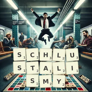 Kreatywna ilustracja do gry w Scrabble ze słowem SCHLUSTALISMY ułożonym z płytek na planszy.