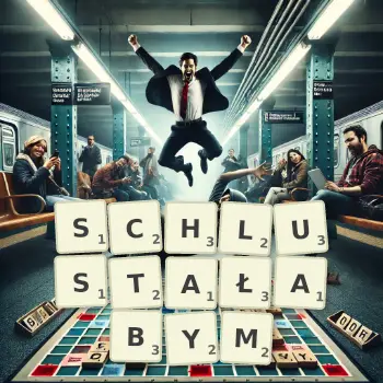 Kreatywna ilustracja do gry w Scrabble ze słowem SCHLUSTAŁABYM ułożonym z płytek na planszy.