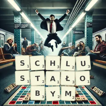 Kreatywna ilustracja do gry w Scrabble ze słowem SCHLUSTAŁOBYM ułożonym z płytek na planszy.