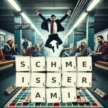 Kreatywna ilustracja do gry w Scrabble ze słowem SCHMEISSERAMI ułożonym z płytek na planszy.