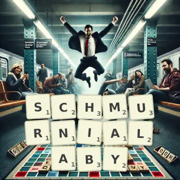 Kreatywna ilustracja do gry w Scrabble ze słowem SCHMURNIALABY ułożonym z płytek na planszy.