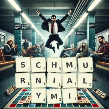 Kreatywna ilustracja do gry w Scrabble ze słowem SCHMURNIALYMI ułożonym z płytek na planszy.