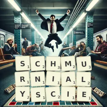 Kreatywna ilustracja do gry w Scrabble ze słowem SCHMURNIALYSCIE ułożonym z płytek na planszy.