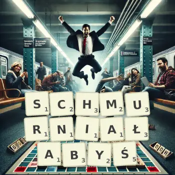 Kreatywna ilustracja do gry w Scrabble ze słowem SCHMURNIAŁABYŚ ułożonym z płytek na planszy.