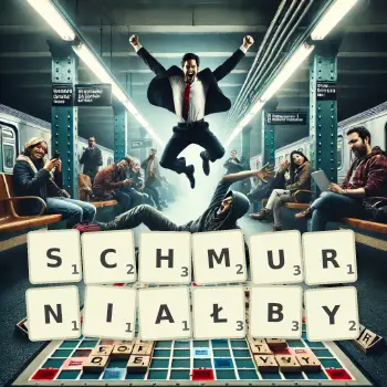 Kreatywna ilustracja do gry w Scrabble ze słowem SCHMURNIAŁBY ułożonym z płytek na planszy.