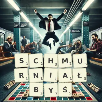 Kreatywna ilustracja do gry w Scrabble ze słowem SCHMURNIAŁBYŚ ułożonym z płytek na planszy.