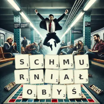 Kreatywna ilustracja do gry w Scrabble ze słowem SCHMURNIAŁOBYŚ ułożonym z płytek na planszy.