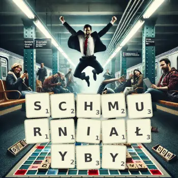 Kreatywna ilustracja do gry w Scrabble ze słowem SCHMURNIAŁYBY ułożonym z płytek na planszy.