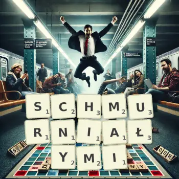Kreatywna ilustracja do gry w Scrabble ze słowem SCHMURNIAŁYMI ułożonym z płytek na planszy.