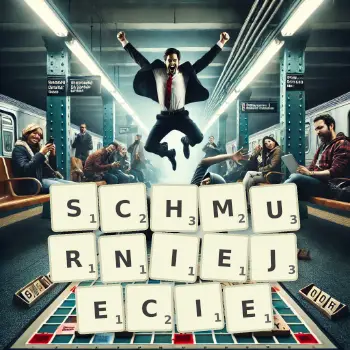 Kreatywna ilustracja do gry w Scrabble ze słowem SCHMURNIEJECIE ułożonym z płytek na planszy.