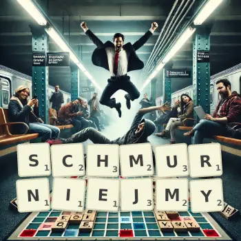 Kreatywna ilustracja do gry w Scrabble ze słowem SCHMURNIEJMY ułożonym z płytek na planszy.