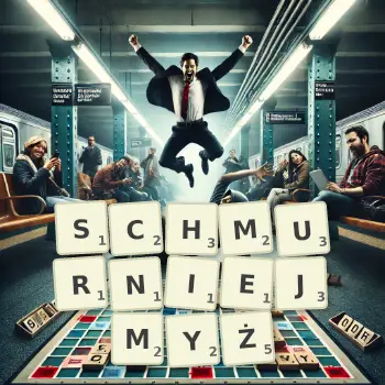 Kreatywna ilustracja do gry w Scrabble ze słowem SCHMURNIEJMYŻ ułożonym z płytek na planszy.