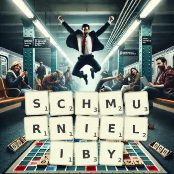 Kreatywna ilustracja do gry w Scrabble ze słowem SCHMURNIELIBY ułożonym z płytek na planszy.