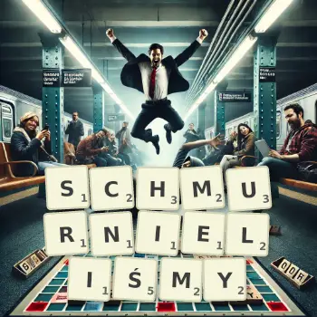 Kreatywna ilustracja do gry w Scrabble ze słowem SCHMURNIELIŚMY ułożonym z płytek na planszy.