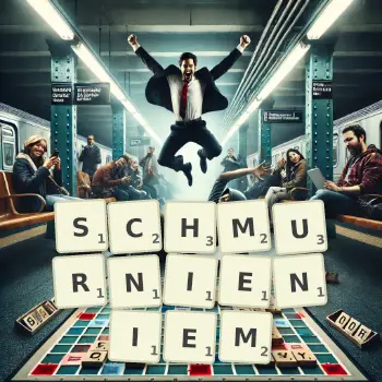 Kreatywna ilustracja do gry w Scrabble ze słowem SCHMURNIENIEM ułożonym z płytek na planszy.