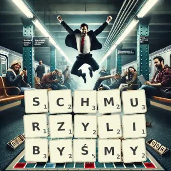 Kreatywna ilustracja do gry w Scrabble ze słowem SCHMURZYLIBYŚMY ułożonym z płytek na planszy.