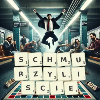Kreatywna ilustracja do gry w Scrabble ze słowem SCHMURZYLISCIE ułożonym z płytek na planszy.