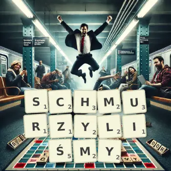 Kreatywna ilustracja do gry w Scrabble ze słowem SCHMURZYLIŚMY ułożonym z płytek na planszy.
