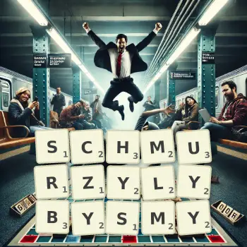 Kreatywna ilustracja do gry w Scrabble ze słowem SCHMURZYLYBYSMY ułożonym z płytek na planszy.