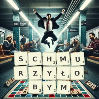 Kreatywna ilustracja do gry w Scrabble ze słowem SCHMURZYŁOBYM ułożonym z płytek na planszy.