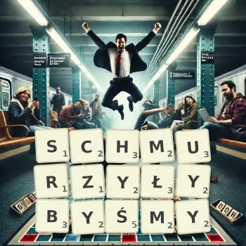Kreatywna ilustracja do gry w Scrabble ze słowem SCHMURZYŁYBYŚMY ułożonym z płytek na planszy.