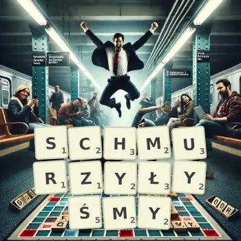 Kreatywna ilustracja do gry w Scrabble ze słowem SCHMURZYŁYŚMY ułożonym z płytek na planszy.