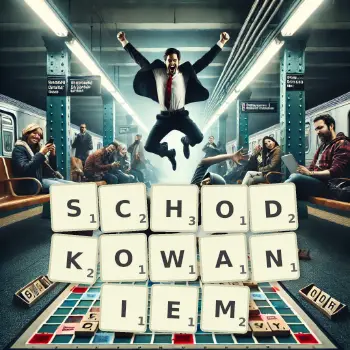 Kreatywna ilustracja do gry w Scrabble ze słowem SCHODKOWANIEM ułożonym z płytek na planszy.