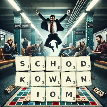 Kreatywna ilustracja do gry w Scrabble ze słowem SCHODKOWANIOM ułożonym z płytek na planszy.