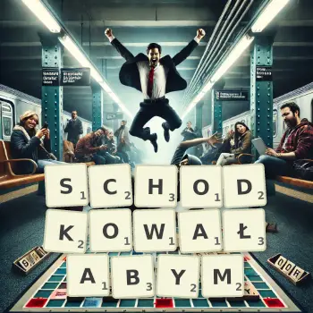 Kreatywna ilustracja do gry w Scrabble ze słowem SCHODKOWAŁABYM ułożonym z płytek na planszy.
