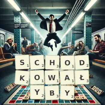 Kreatywna ilustracja do gry w Scrabble ze słowem SCHODKOWAŁYBY ułożonym z płytek na planszy.