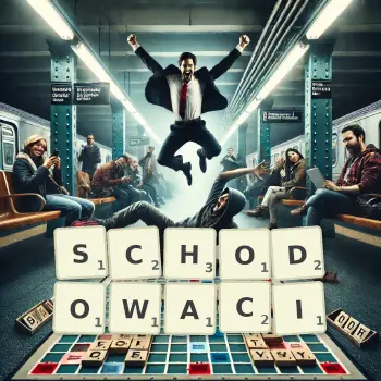 Kreatywna ilustracja do gry w Scrabble ze słowem SCHODOWACI ułożonym z płytek na planszy.