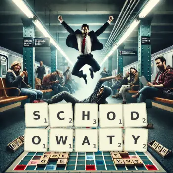 Kreatywna ilustracja do gry w Scrabble ze słowem SCHODOWATY ułożonym z płytek na planszy.