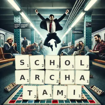 Kreatywna ilustracja do gry w Scrabble ze słowem SCHOLARCHATAMI ułożonym z płytek na planszy.