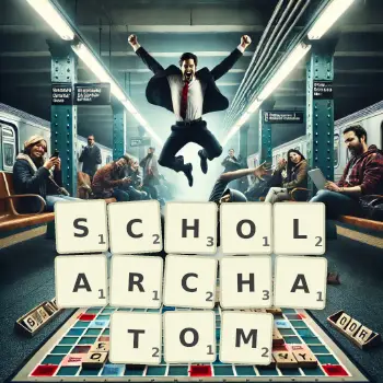 Kreatywna ilustracja do gry w Scrabble ze słowem SCHOLARCHATOM ułożonym z płytek na planszy.