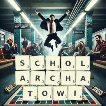 Kreatywna ilustracja do gry w Scrabble ze słowem SCHOLARCHATOWI ułożonym z płytek na planszy.