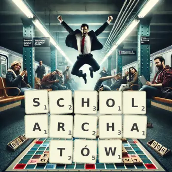 Kreatywna ilustracja do gry w Scrabble ze słowem SCHOLARCHATÓW ułożonym z płytek na planszy.